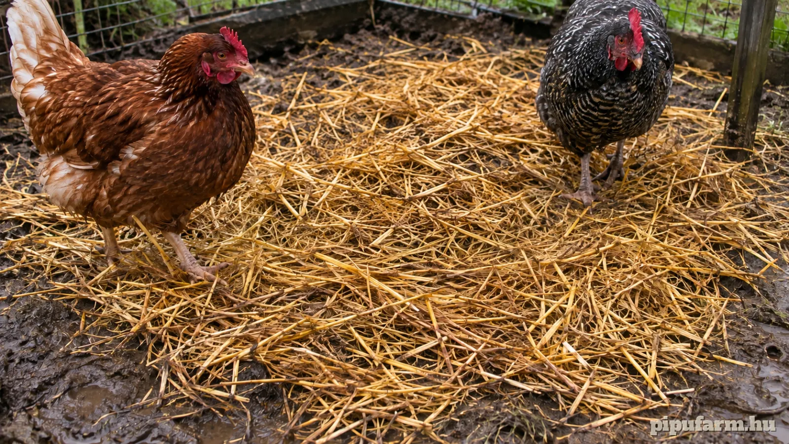Szalma a sáros részeken a PIPU Farm udvarán